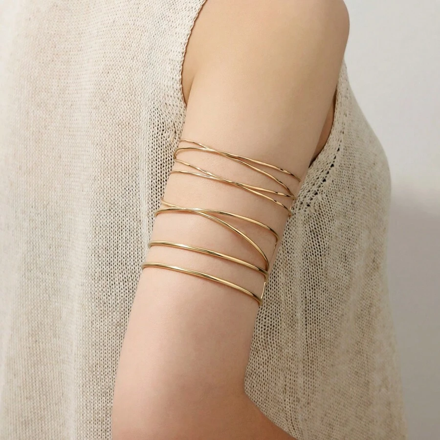 1/3pcs Minimalist Hollow Line Wrapped Metal Multilayer Cross Bangle Bracelet, Adjustable
