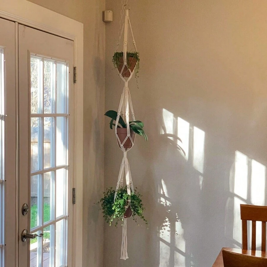 1PC Hand Woven Three-Layer Rope Decorative Plant Mesh Bag, Macrame Plant Hanger, Indoor Hanging Planter Basket Holder With Wood Beads, Decorative Flower Pot Holder With Tassels