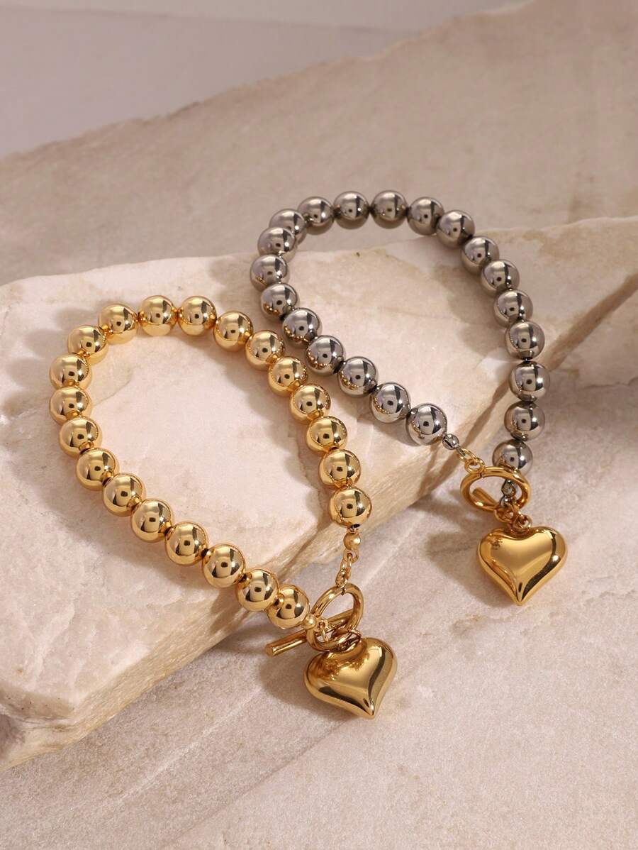 Uworld 1Pc Bonito Diário Feminino Tridimensional Coração Aço Inoxidável Pulseira Casal Pulseira de Contas