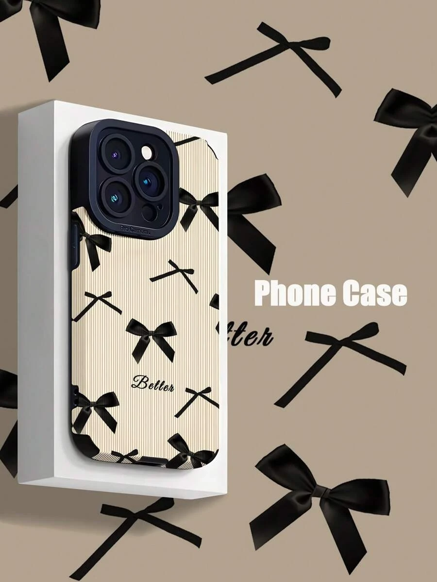 1pc Retro Minimalist Black Bow Vertical Stripe Faux Leather Shockproof Soft Case Compatible With IPhone/ 16/16PLUS/16PRO/16PROMAX
