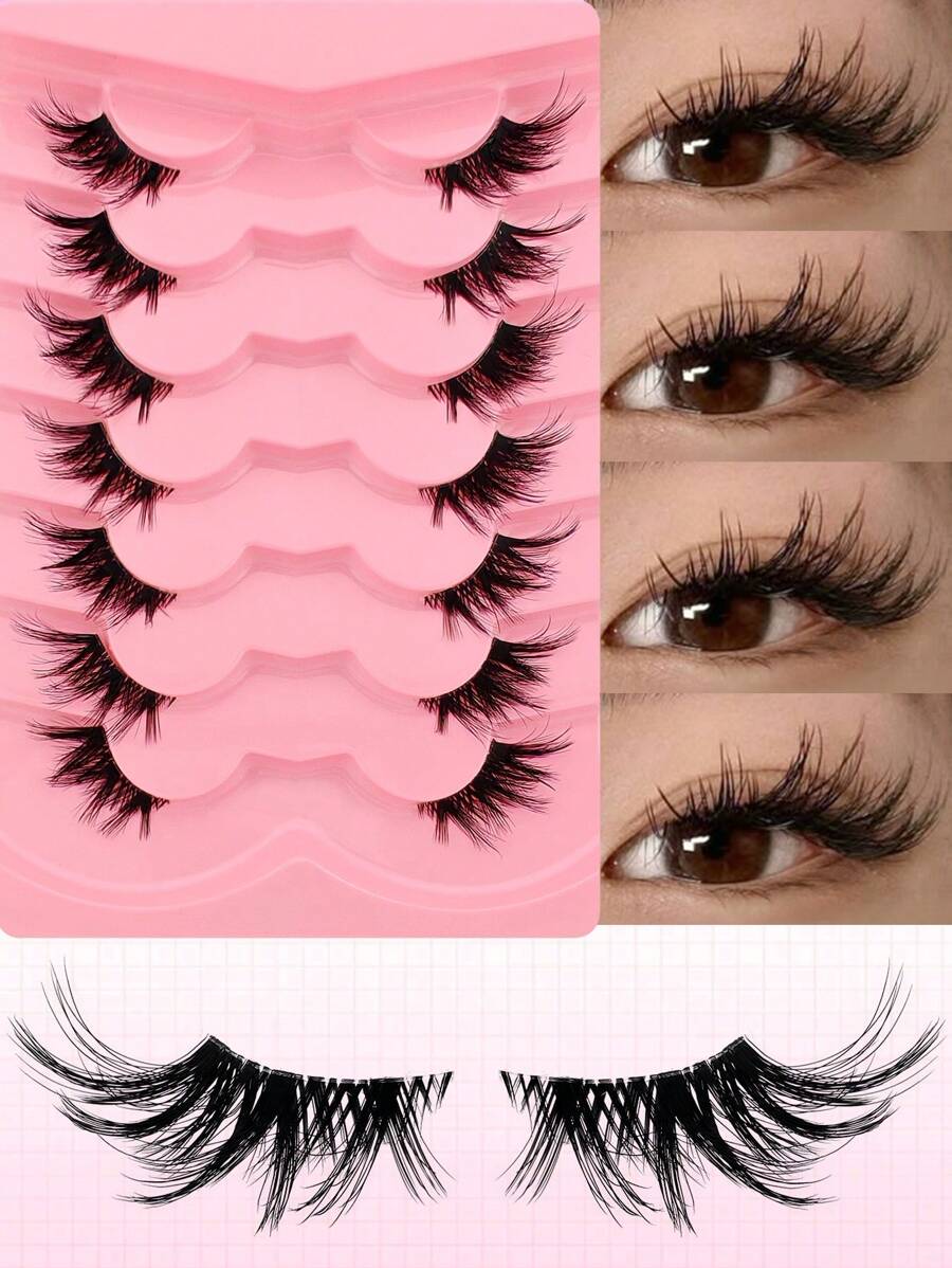 7 pares de pestañas postizas naturales con banda transparente, con apariencia suave y esponjosa de ojo de gato, pestañas cortas naturales de acento en las esquinas, pestañas postizas de 3/4 reutilizables