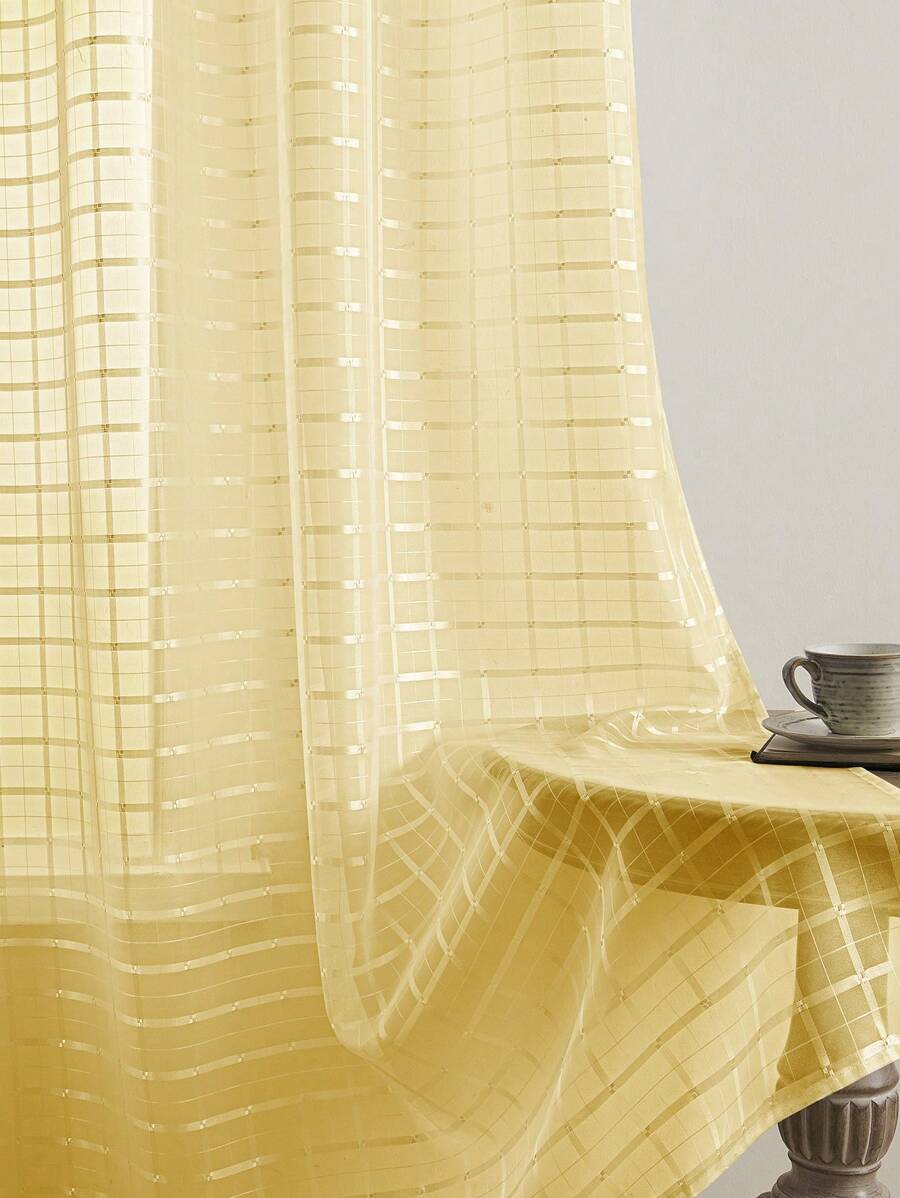 1 pieza Cortina transparente a cuadros blancos, cortina de tul delgada con ojales adecuada para sala de estar/dormitorio/comedor/patio