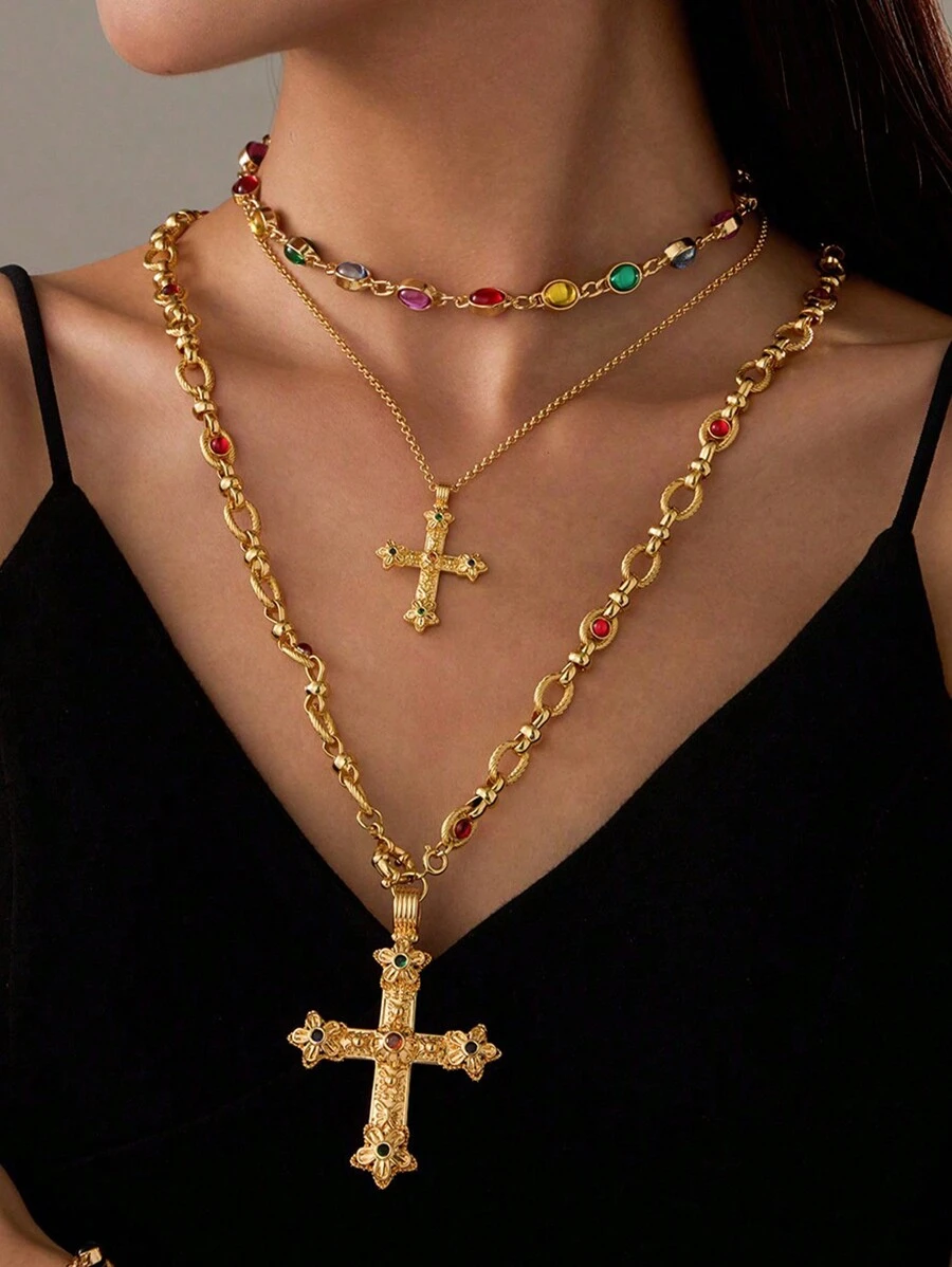 1pc Luxo Grande Tamanho Vintage Cobre Metal Galvanizado Ouro Cruz Pingente Colar, Unissex, Adequado Para Vida Diária, Casamento E Festa, Pode Ser Usado Sozinho Ou Em Camadas, Também Pode Ser Dado Como Um Presente. Vem Com Bolsa De Flanela