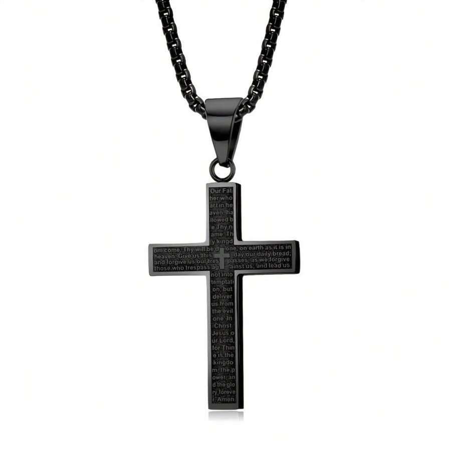 1pc Titanium Steel Esculpido Cruz Pingente Colar, Aço Inoxidável Cruz Pingente Unissex