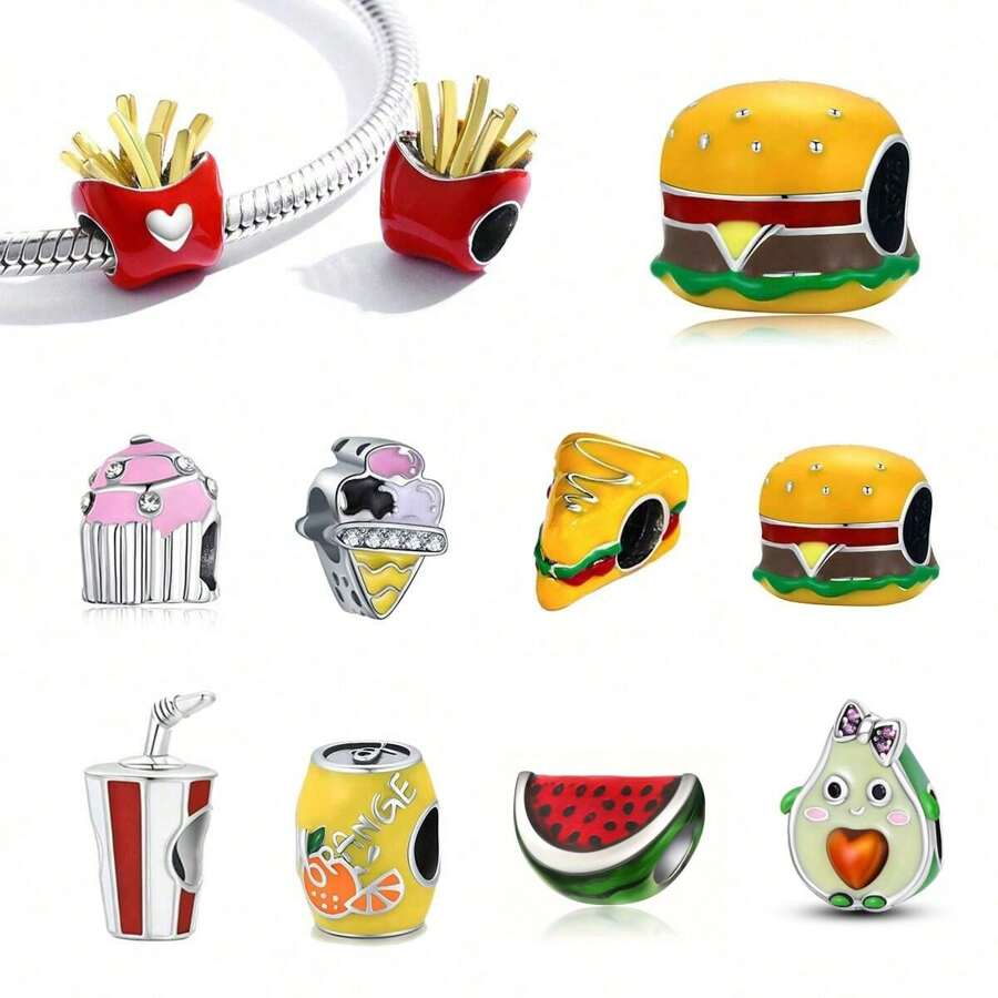 1 Stück Schmuckherstellung-Set mit Lebensmittel-Motiven wie Pommes, Hamburger, Sandwich, Kuchen, Eis, Cola, Wassermelone, Avokado für Anhänger, Armbänder und Schmuck