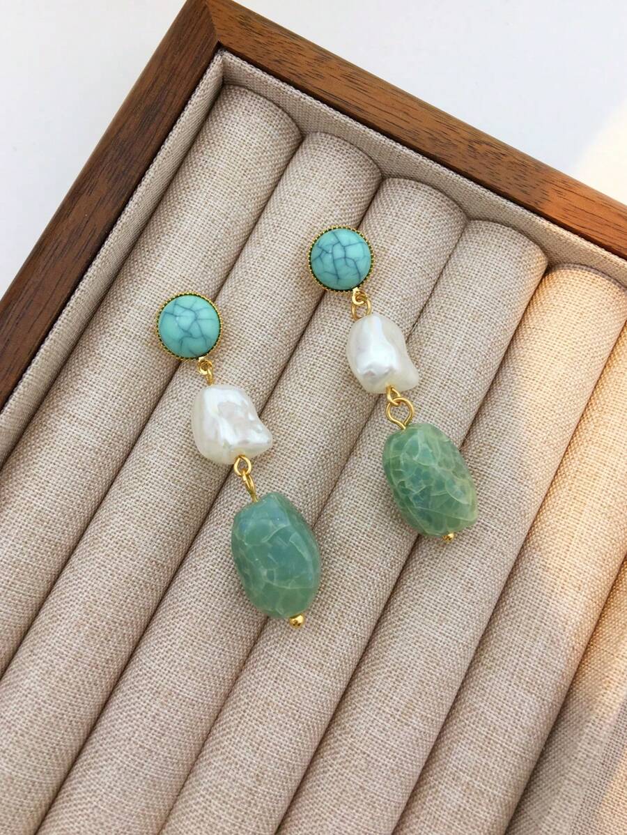 1pair Women's Fashion Bohemian Simulated Turquoise & Cracked Texture Resin Asymmetrical Faux Pearl Pendant Earrings