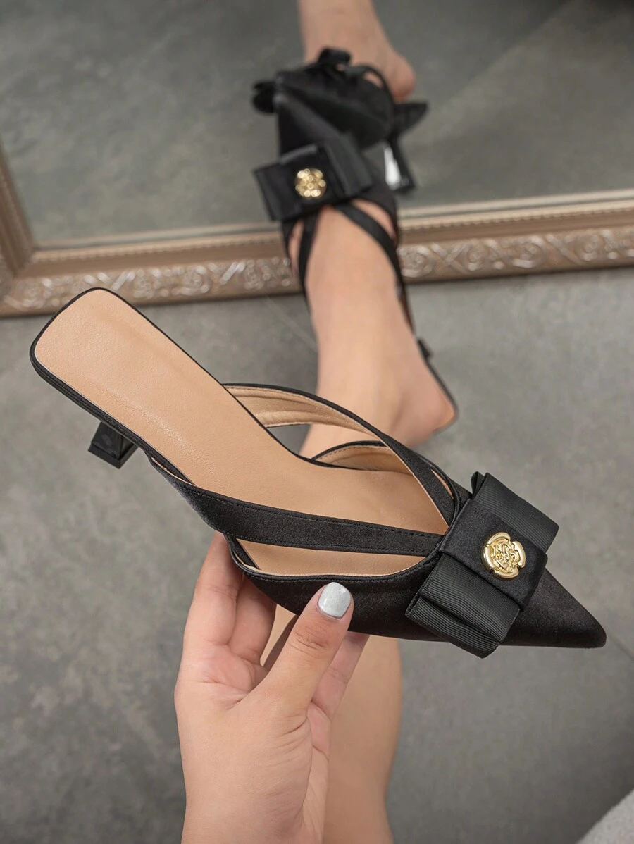 Women's Pointed Toe Closed-Toe Kitten Heel Pumps With Bow Decoration, Fashion Comfortable Slip-On Mid-Heel Shoes Suitable For Party, Wedding, Work, Casual Wear, Elegant For Autumn/Winter, Black