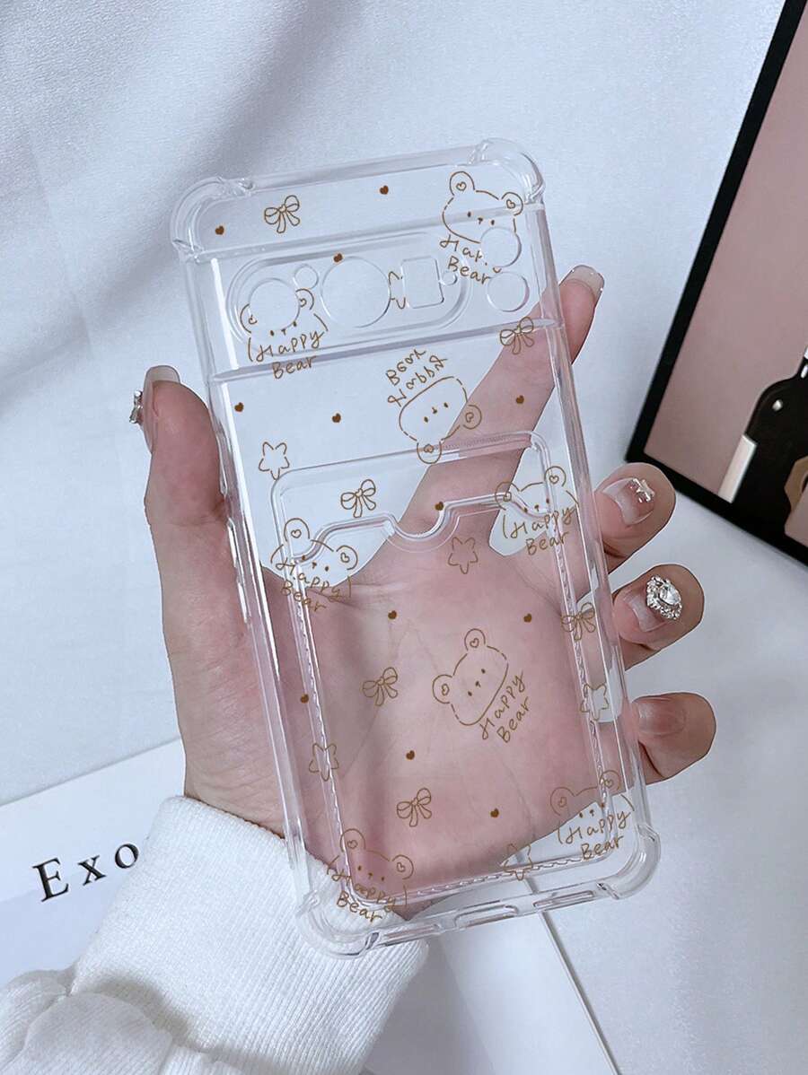 1pc Transparent 4-Corner Shockproof Case With Card Slot, Colorful Painted Hollow Bear Star Bowknot Pattern TPU Phone Cover Compatible With IPhone 15/15 Pro/15 Plus/15 Pro Max/16/16 Pro/16 Plus/16 Pro Max, Galaxy S23 Ultra/A14/A24, Redmi Note 12 Pro, Pixel 8/8 Pro