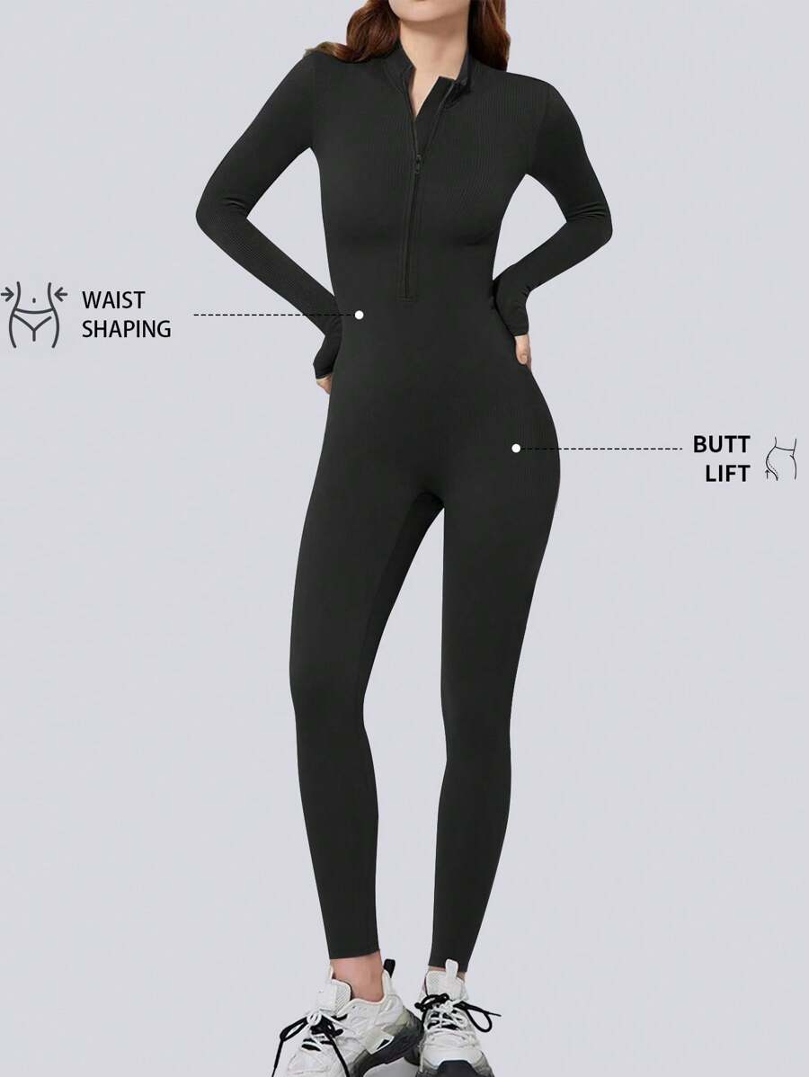 DINBEY Damen einfarbiger Jumpsuit mit Stehkragen und halber Reißverschluss, sexy, Yoga Outdoor formende, hüftanhebende, schlankende Bauchmuskeln kontrollierende Jumpsuit
