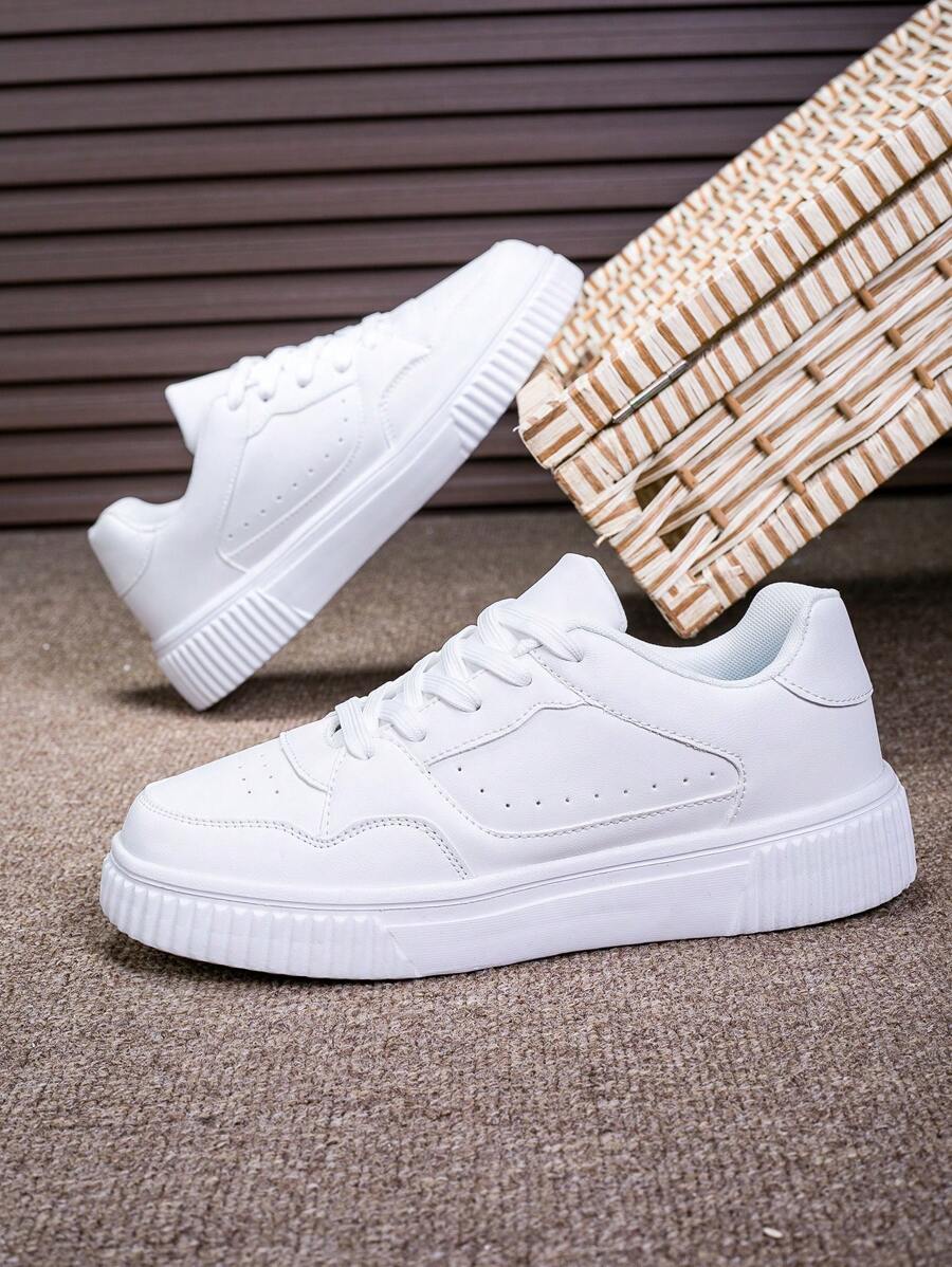 Scarpe da ginnastica casual, leggere e versatili, da uomo, da esterno, con punta tonda, bianche e nere, traspiranti, stile scuola, con lacci, a collo basso o alto