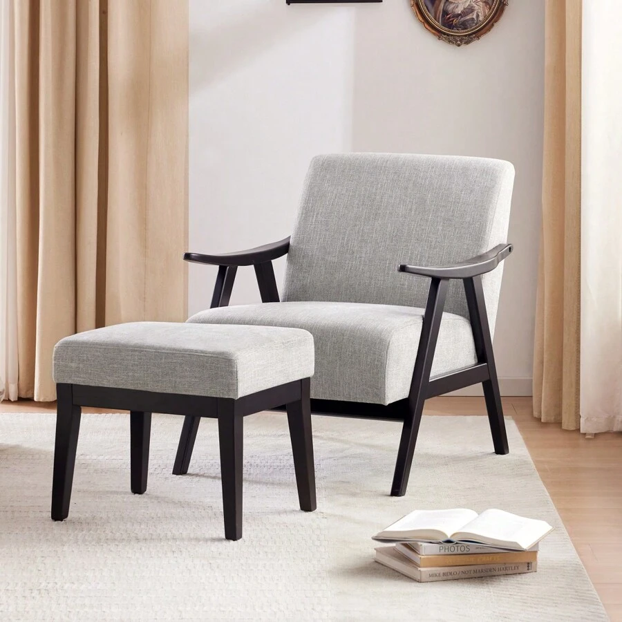 Accent Chair With Ottoman, Upholstered Mid Century Chair And Footrest, Solid Wood Arm Chair, Living Room Chairs And Ottoman Set, Grey