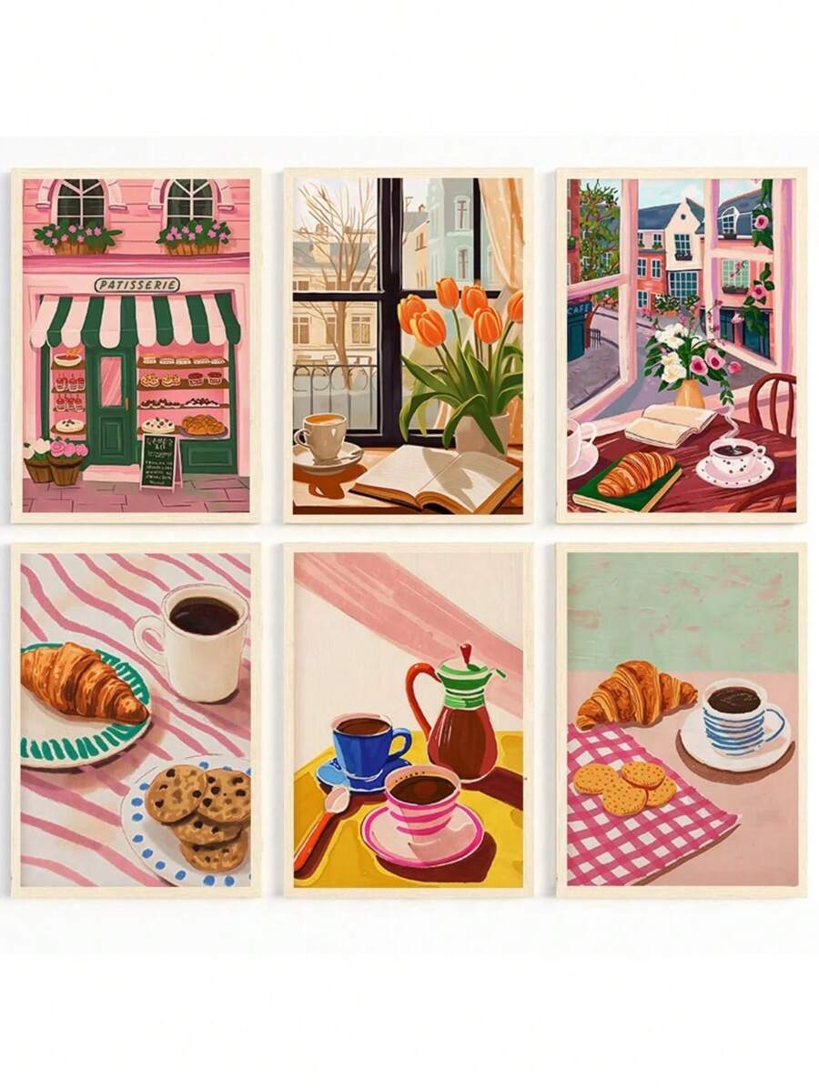  1pc Koffiehuis Stad Bakkerij Illustratie Croissants En Koekjes Kunstposter Canvas Schilderij Muur Print Foto Voor Keuken Woondecoratie Geen Lijst