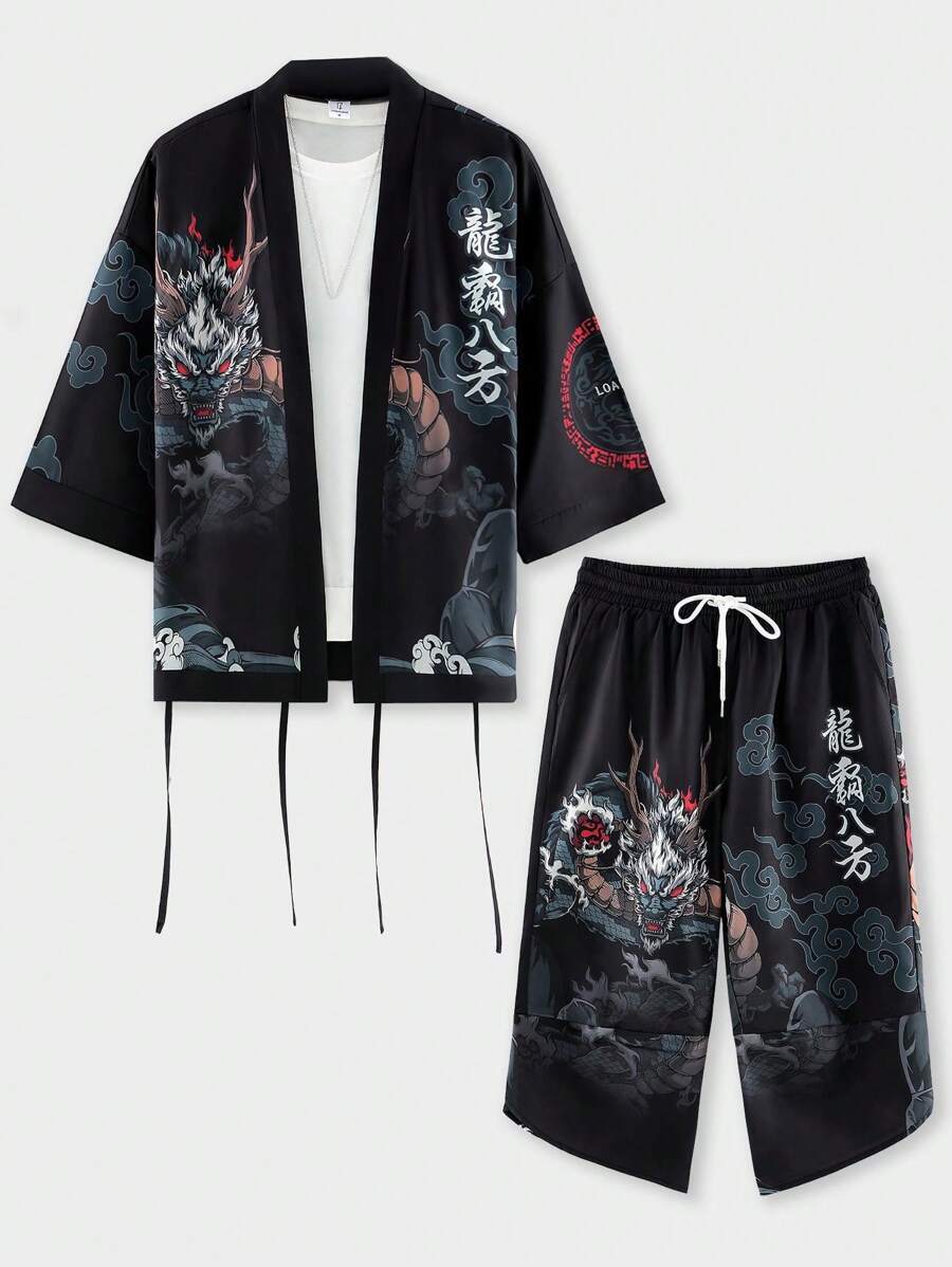 Męski jesienny zestaw kimono z grafiką Dragon do noszenia w domu