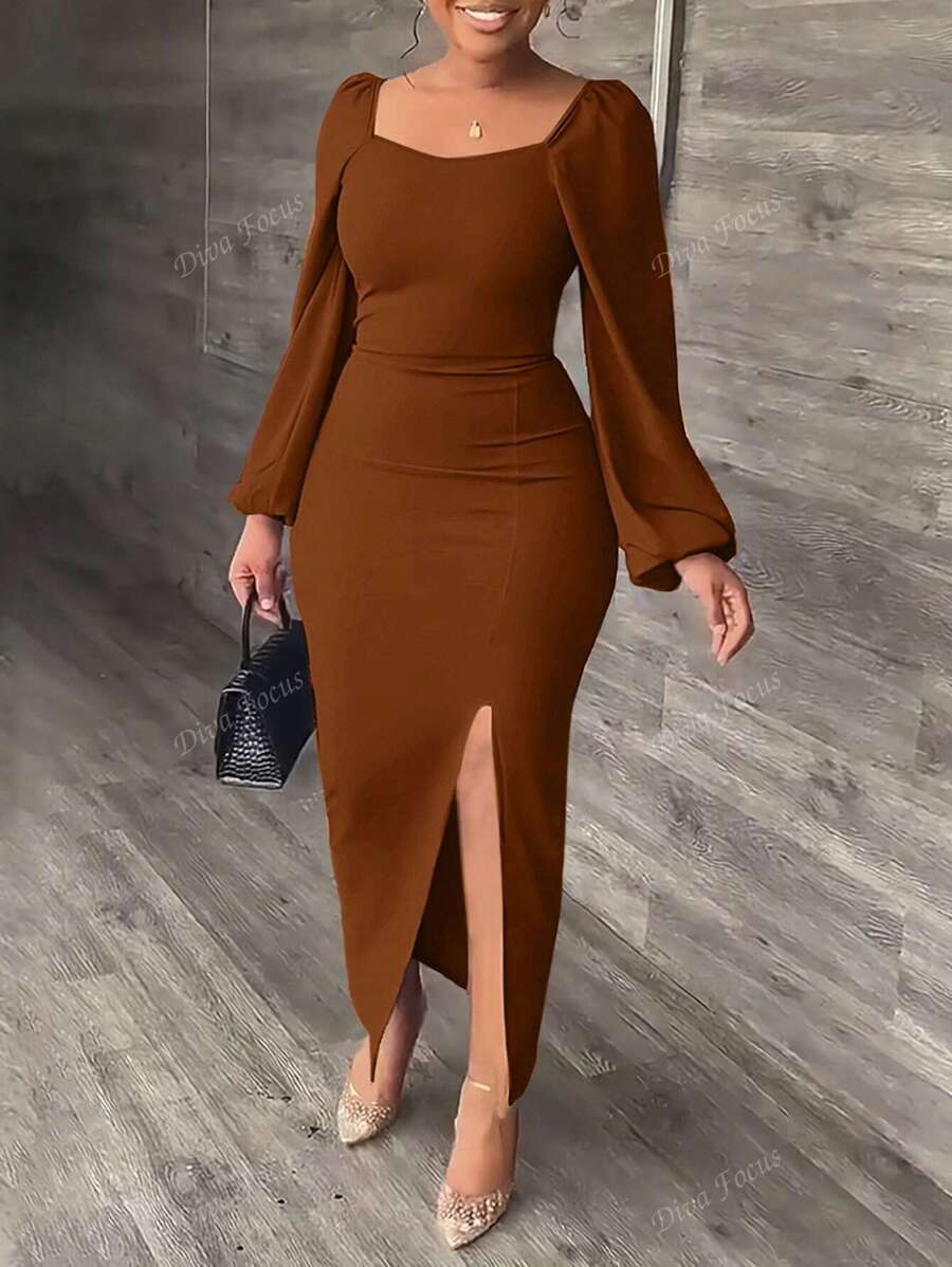 Fashion Elegant Lantern Sleeve High Slit Dress, Women Long Dress