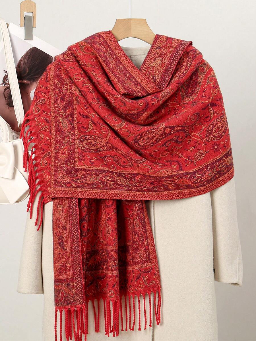 1pc Women's Thick Paisley Jacquard Scarf, Bohemian Style Warm Pashmina Hijab, Fashionable Blanket Shawl For Daily Wear, Autumn/Winter Abaya Accessories