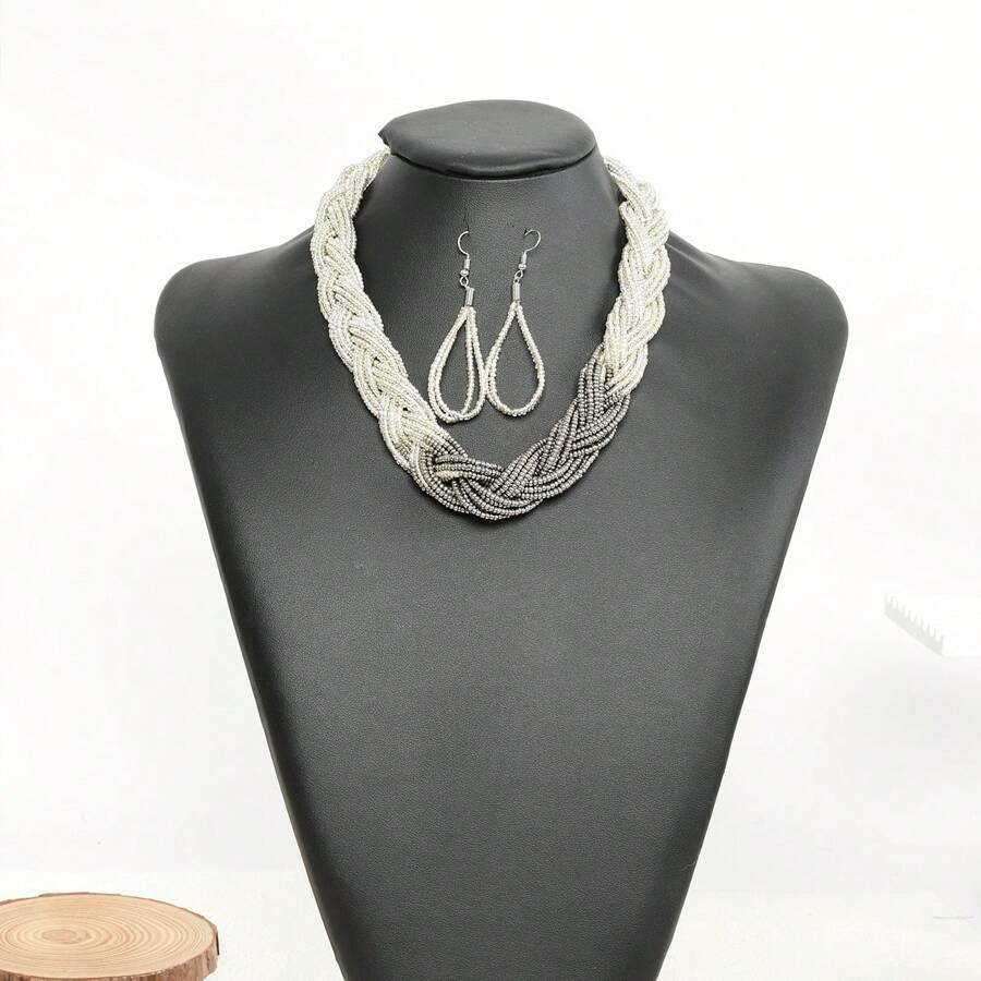 3pcs Bohemian Handcrafted Beaded Necklace And Earring Set, Multi-Layer Short Style