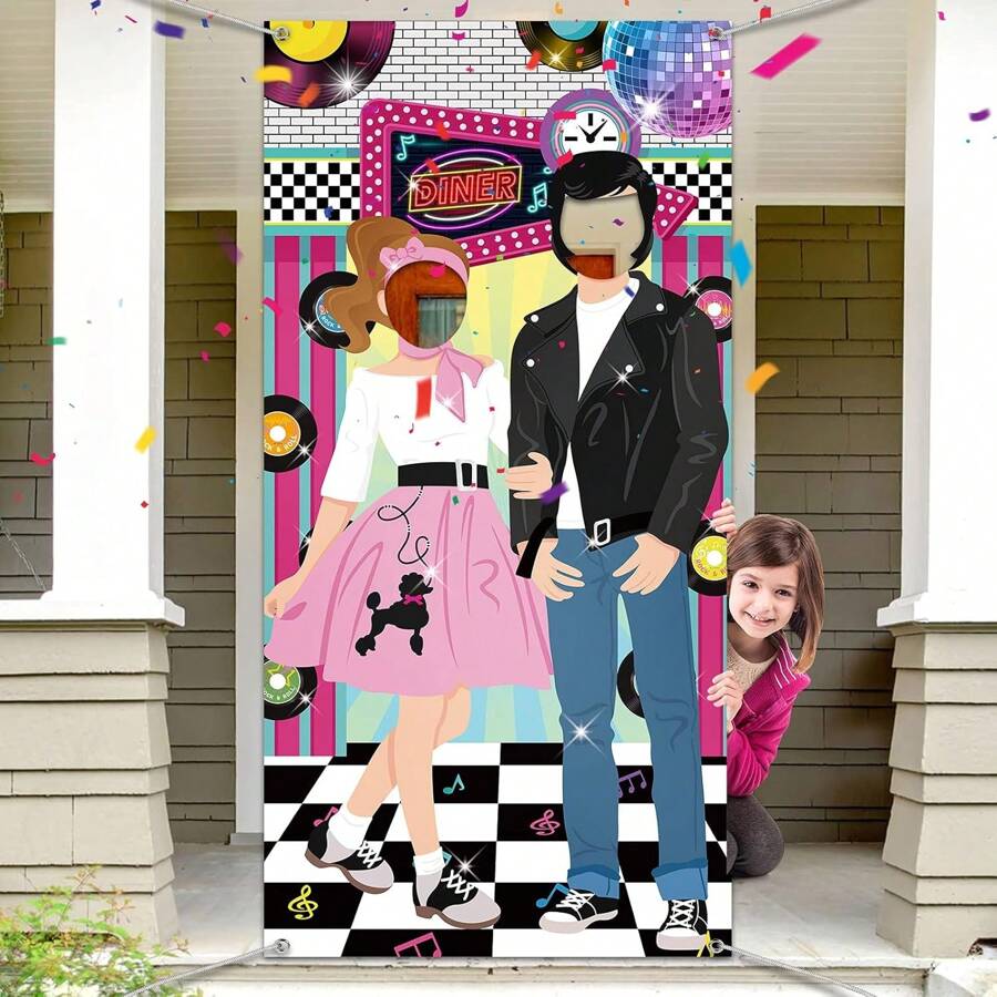 1 Piece Rock And Roll Party Banner Decoration, 50's Photography Restaurant Backdrop For Birthday, Photo Booth Prop Party Decoration