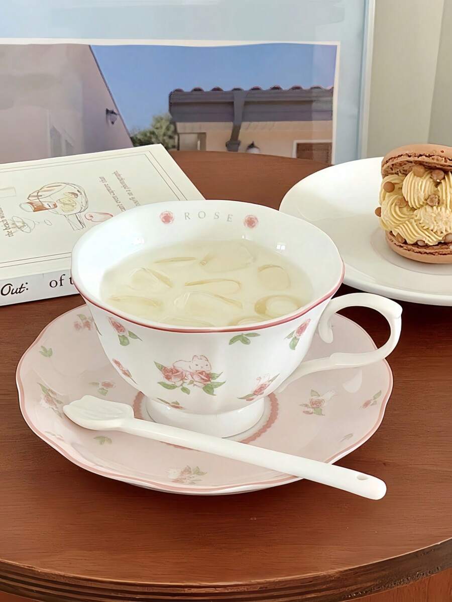 1 Piece Pink Rabbit Ceramic Coffee Cup And Saucer Set, Cute Girl Heart Afternoon Tea Plate, Holiday Gift, Home Goodies, Women's Coffee Mug, Holiday Gifts, Valentine's Day Gifts Back To School