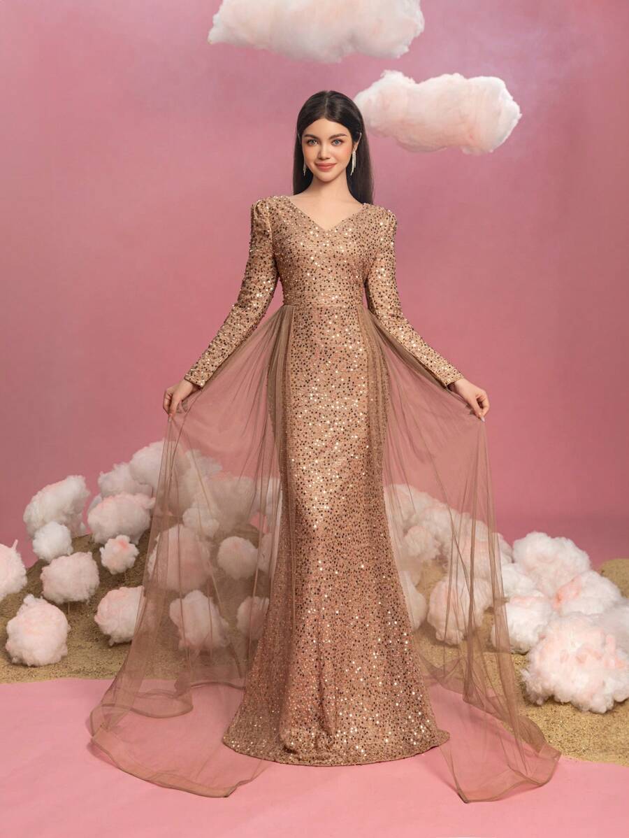 Vestido de noche para adolescentes con lentejuelas brillantes, escote en V elegante, mangas a ras del suelo, paneles laterales de tul transparente y bajo con cola de pez dramática. Vestido de fiesta formal para galas, eventos de alfombra roja, bailes de fin de curso, concursos de belleza, bailes de caridad, formales de invierno, ceremonias de premios y recepciones de lujo por la noche.