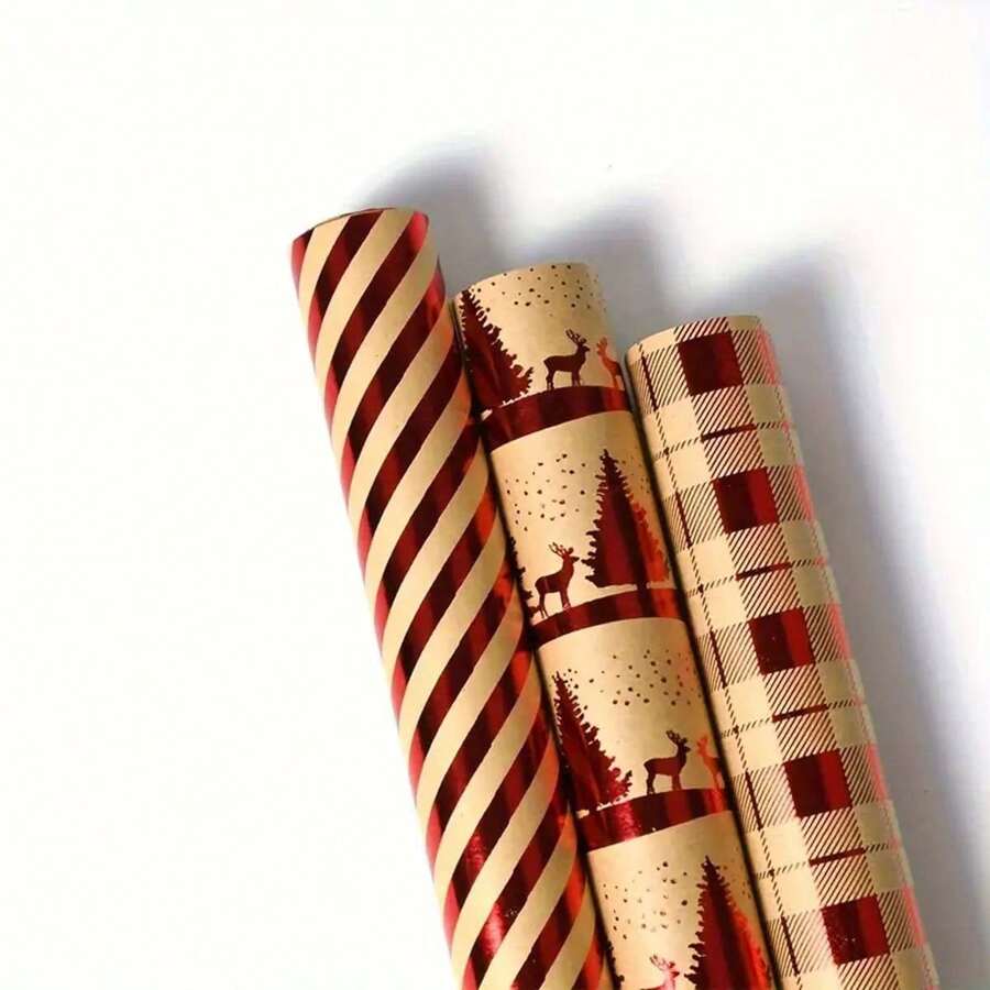 3pcs/Set Christmas Wrapping Paper - Red Stripe, Christmas Tree & Reindeer, Plaid Pattern - Each Roll 17in X 120in, Christmas Gift Box, Party Favor Wrapping Paper Rolls, 3 Designs