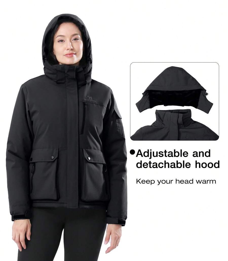 CAMEL CROWN Chaqueta impermeable de esquí para mujer, abrigo de invierno cálido para la nieve, cortavientos con capucha para senderismo y snowboard para exteriores