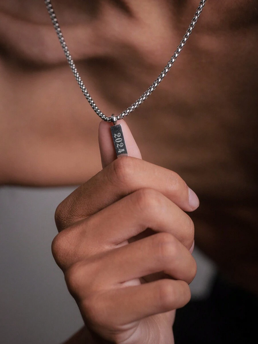 1pc Fashionable Rectangular Titanium Steel Engraved Number Year Pendant (1990-2024) Necklace, Classic Necklace For Men, Personalized Jewelry Gift For Graduation