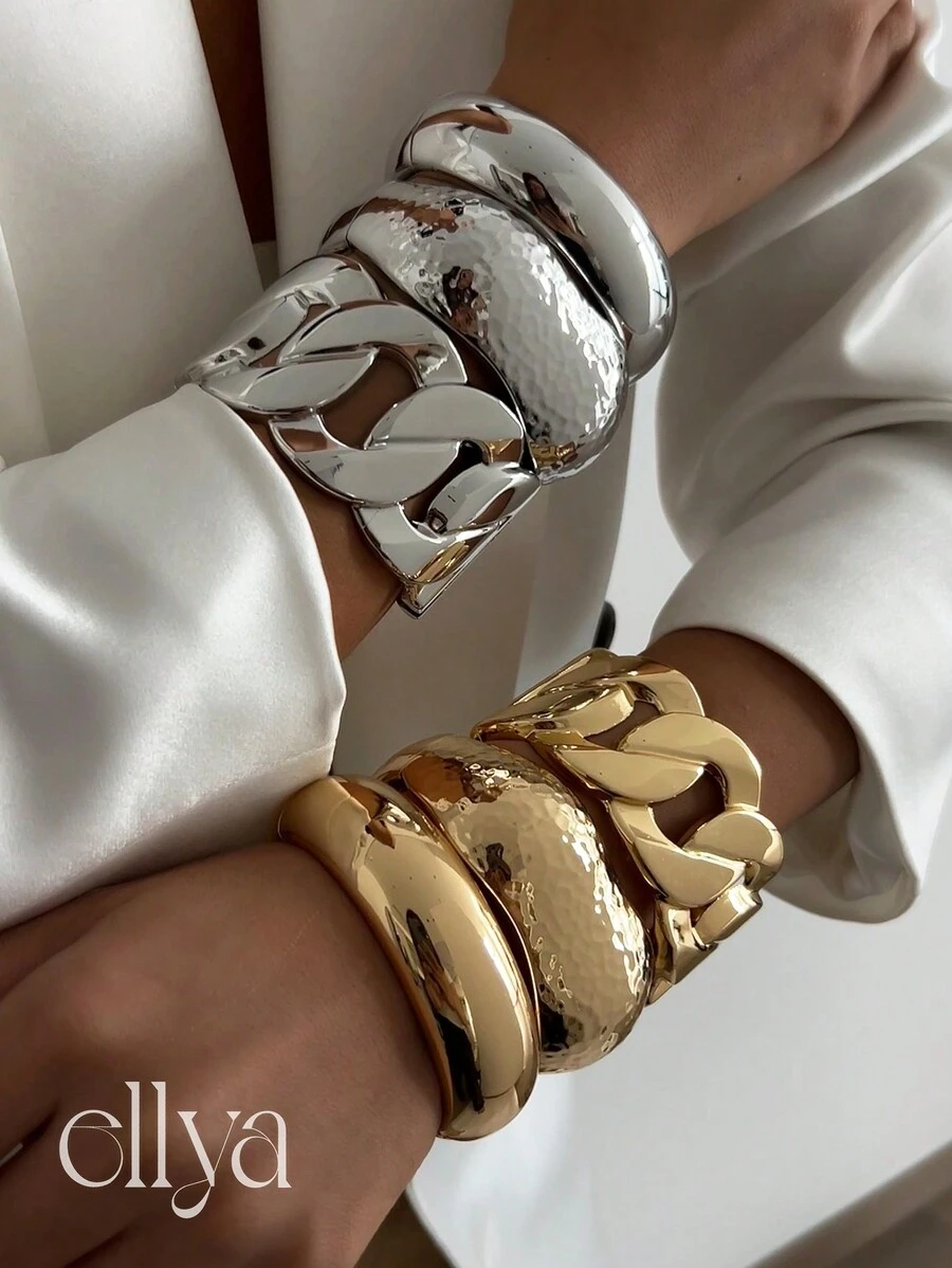 1pc Vintage Fashionable Asymmetrical Hollow Metal Cuff Bracelet, Exaggerated Chic Wide Face Thick Gold & Silver Mirror Surface Bracelet, Women Simple High-Quality Double-Sided Spring Wrist Bracelet, Multi-Functional Stackable Jewelry, Chunky Jewelry, Suitable For Daily Decor, Party And Banquet Jewelry, Holiday Gift Jewelry