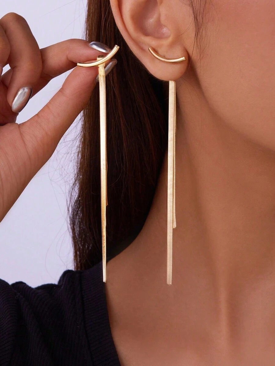 1pair Minimalist Design Long Tassel Snake Bone Chain Earrings