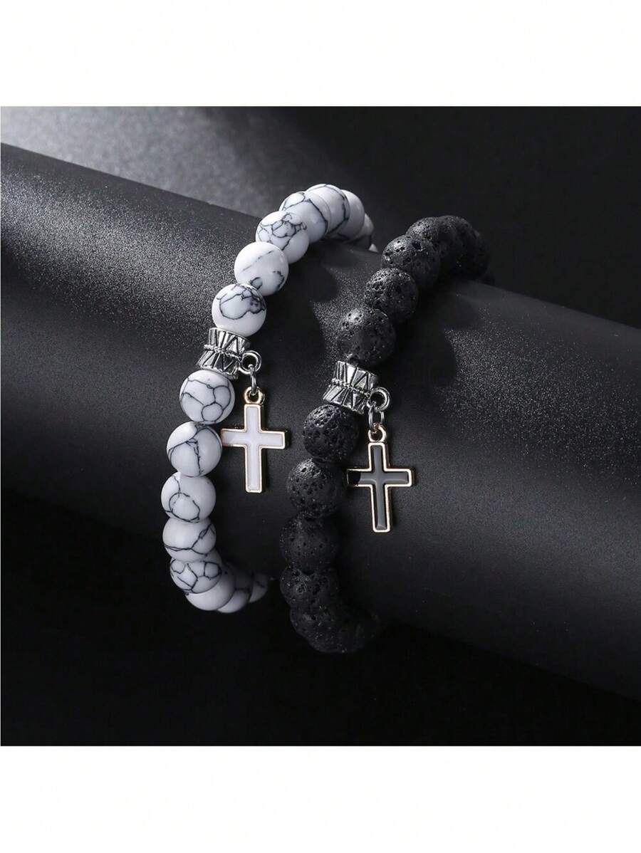 1 conjunto de 2 peças de design de estilo de rua, turquesa branca e pedra de lava, contas de astronauta e gota de cruz oca, kit de pulseira de cor contrastante de óleo para casais e presente de festival, Natal, Ano Novo, Dia dos Namorados, presente de feriado