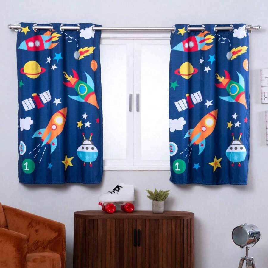 Cortina Quarto Infantil Criança Menino Menina Pequena 2,00x1,40 Ilhos Cromado Astronauta Azul Marinho