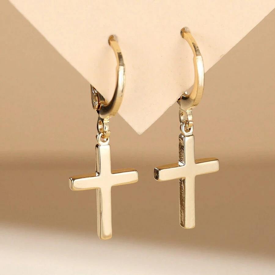 1pair European & American Minimalist Style Copper Cross Design Ladies Earrings, Versatile For Commuting