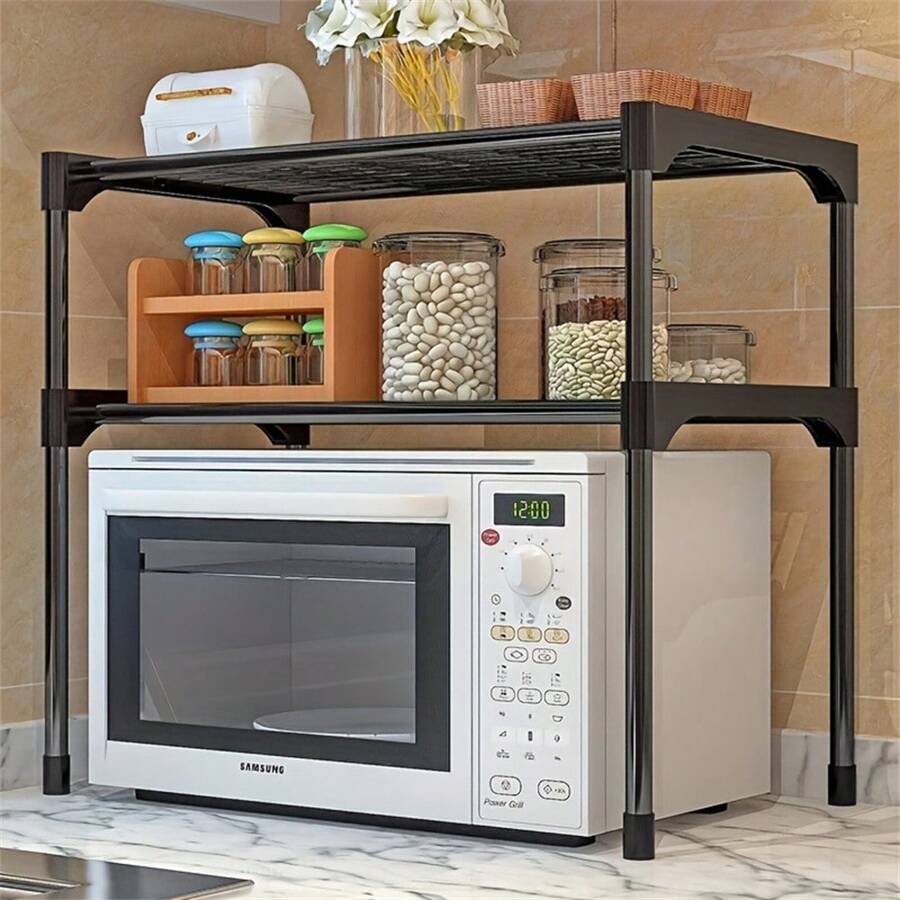 2 Layer Microwave Rack Oven Stainless Steel Detachable Stackable Kitchen Countertop Seasoning Organize Desktop Tableware Shelves Home Sundries Saving Space Storage Holder