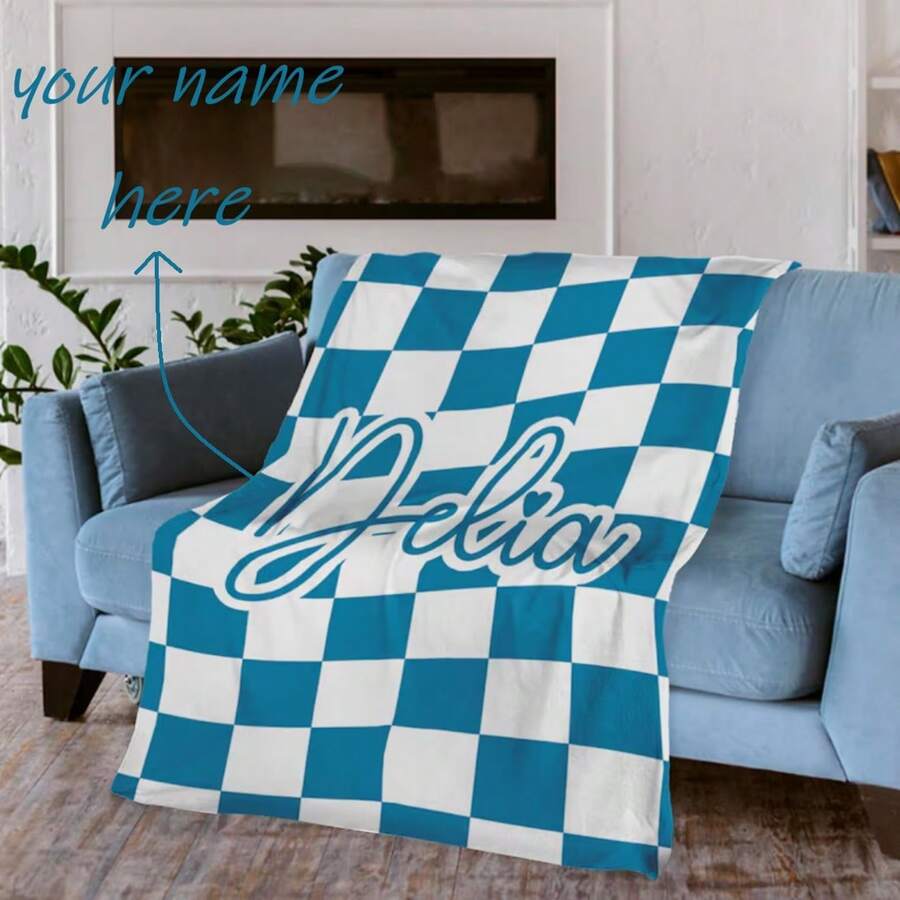 1 Gepersonaliseerde naam rasterpatroon deken in blauw of andere kleuren, geschikt voor zachte en comfortabele familie dekens, slaapkamer bedden, banken, kantoor multifunctionele dekens, buiten kampeertrips, is een uniek cadeau voor haar/hem, vriend, vriendin, vrouw, echtgenoot, Valentijnsdag