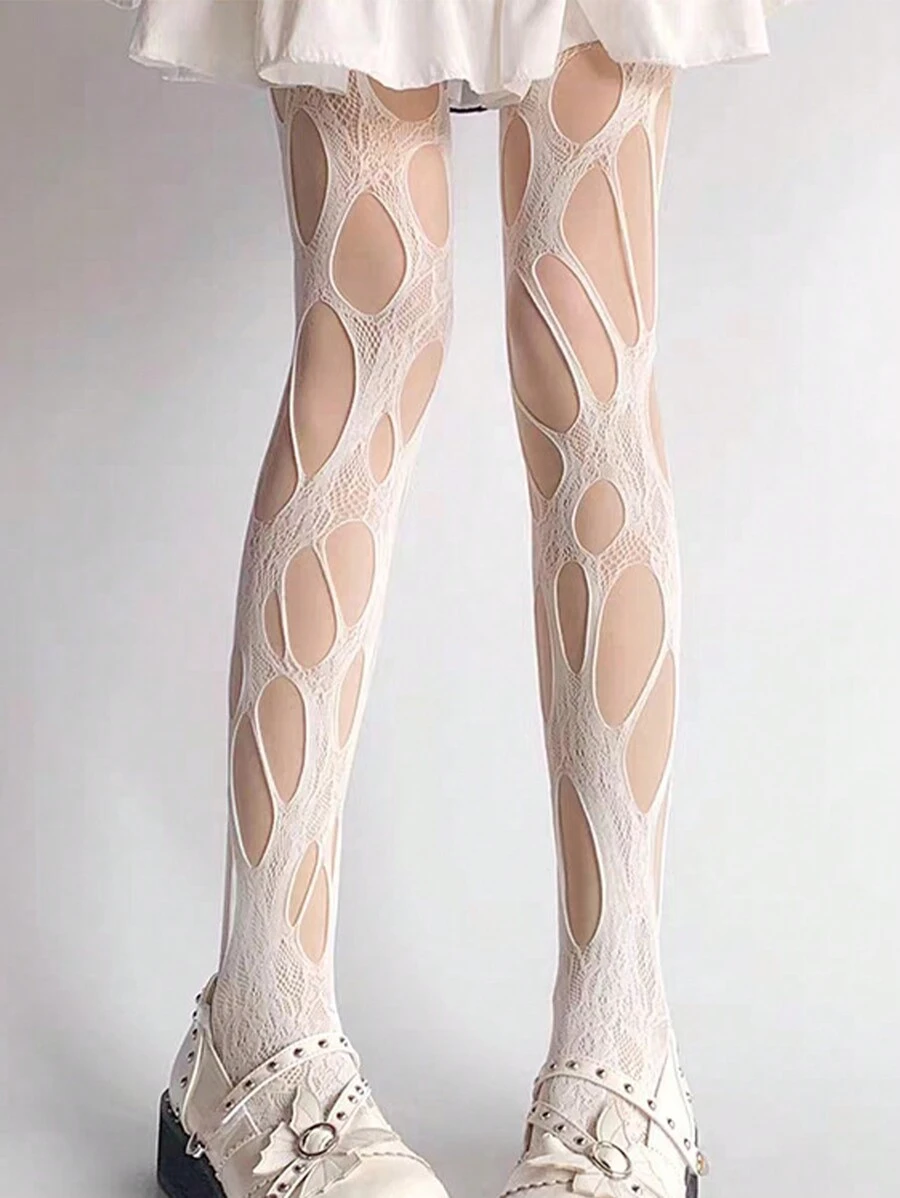 1pc Women's Regular Fit White Asymmetrical Ripped Fishnet Stockings, Suitable For All Seasons And Outfits