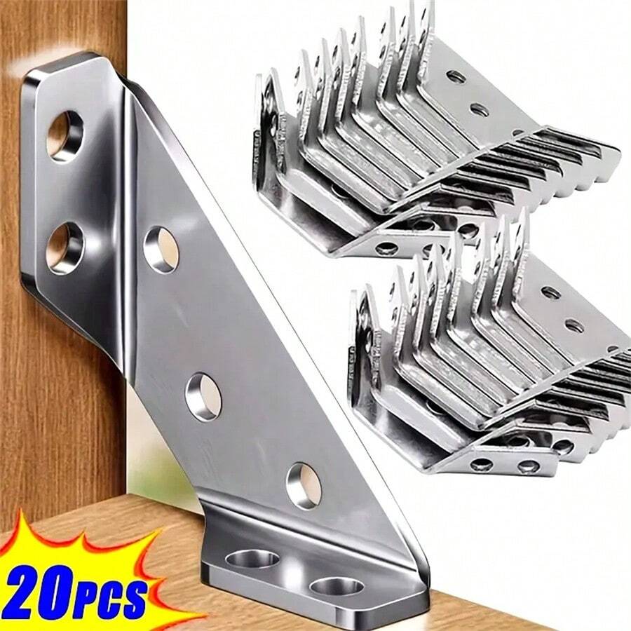 20pcs Heavy Duty Stainless Steel L-Shaped Brackets - 90° Corner Brace, For Cabinets And Furniture, Industrial Hardware With Screws Included