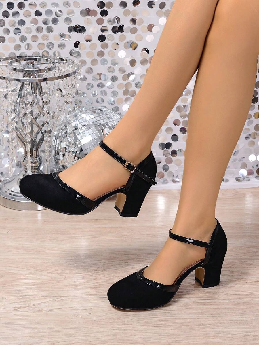 Women's Black Hollow Out Sandals With Retro Girly Vibe, Featuring Suede-Like Fabric And Mirror Material, Mary Jane Style, Comfortable Thick Block Heel Perfect For Party, Workplace And Showing Off Feet, Suitable For Spring/Summer