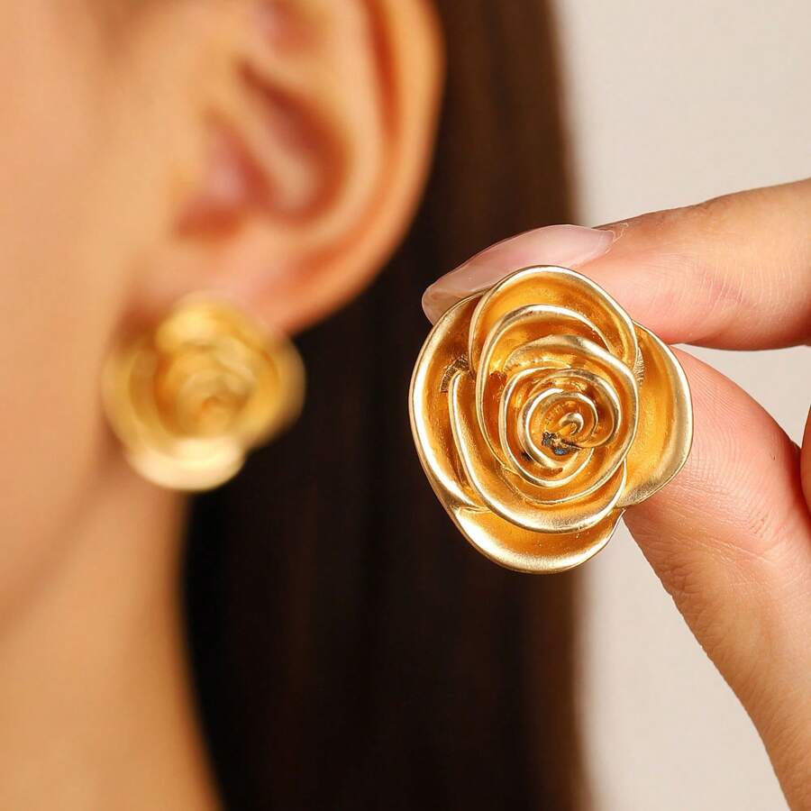 1 paire de boucles d'oreilles vintage luxueuses en or rose, boucles d'oreilles rétro en forme de fleur de camélia 3D, convenant à un port quotidien, à des soirées dansantes, à des vacances, à des cadeaux de la Saint-Valentin