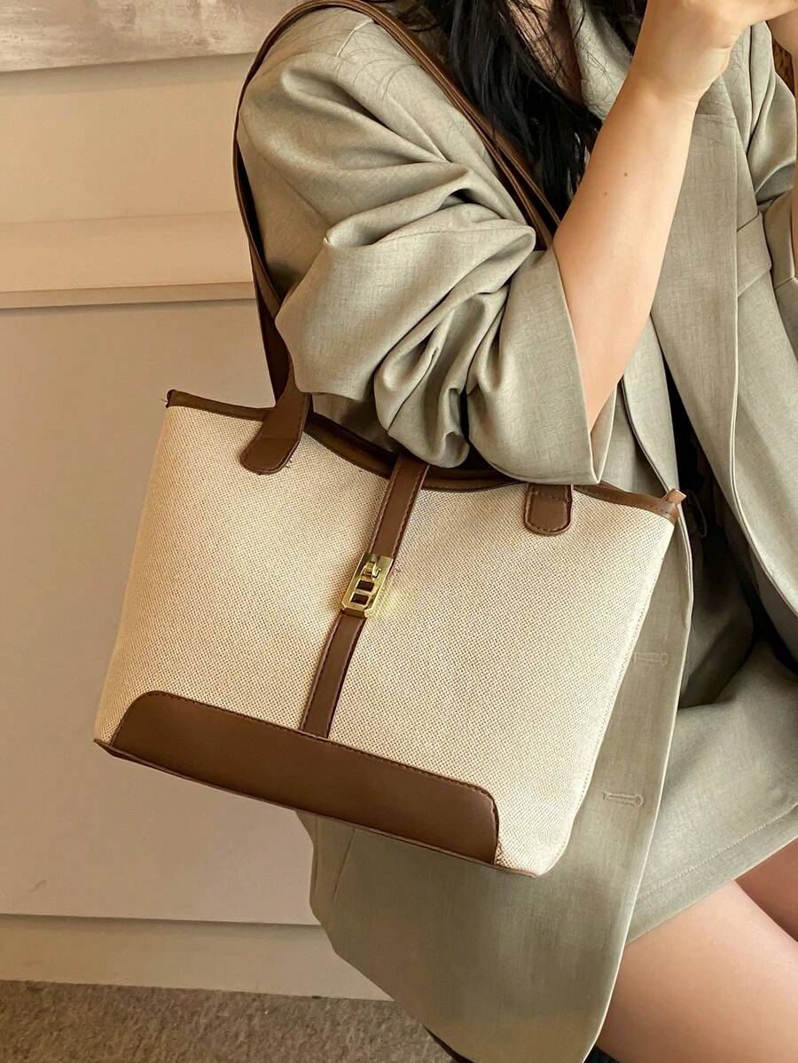 Bolso de hombro con doble asa y ribete de contraste, informal, para trabajo, escuela, ideal para universitarios, adolescentes y jóvenes, perfecto para exteriores, viajes y vuelta al colegio