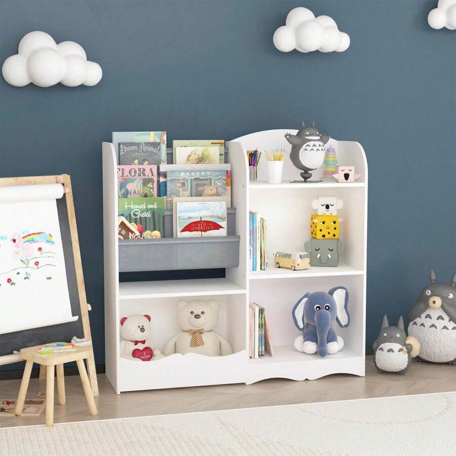 Binlin Children's Book And Toy Storage Organizer With 3 Bins And 3 Shelves, White & Gray, Kids' Room Bookshelf For Easy Organization, 31.5" H X 33.7" W X 10.2" D, White