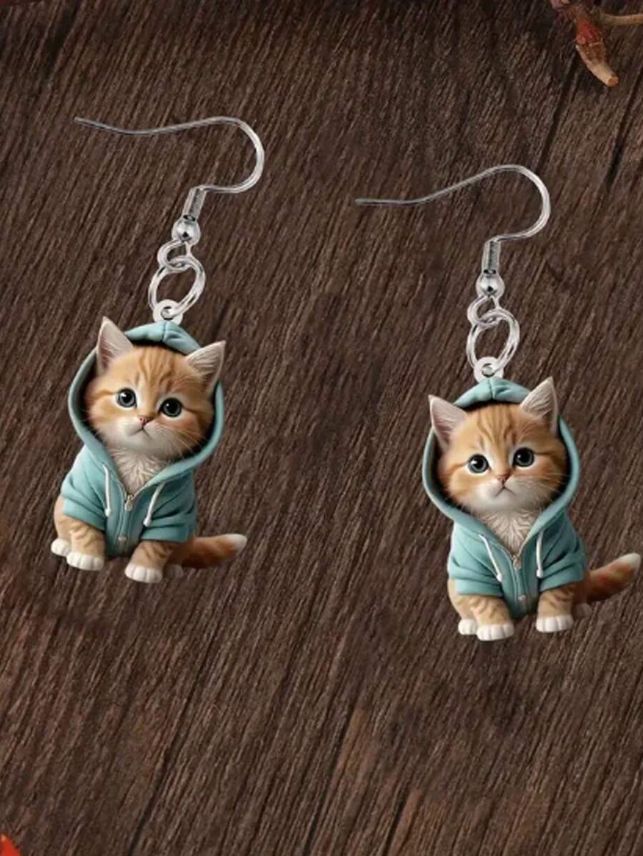 1 Pair Adorable Hoodie Cat Drop & Dangle Earrings, 2D Acrylic Cartoon Style For Women, Cute Daily Accessory, Ideal For Party & Date Outfits, Perfect Christmas Gift