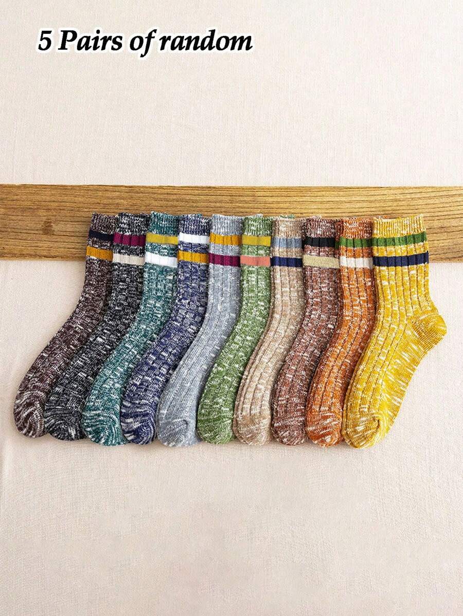 5 perechi/Set de șosete pentru femei, culoare aleatorie, vintage, la jumătatea gambei, groase, tricotate cu ac dublu, pentru bărbați și femei, toamnă/iarnă