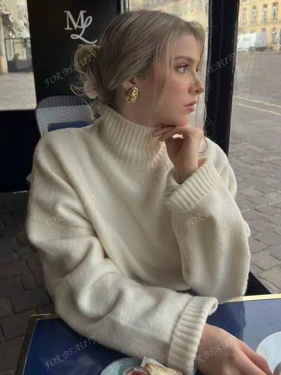 Autumn And Winter New High-Neck Solid Color Drop Shoulder Long-Sleeved Knit Sweater Ms. Loose Loose Versatile Warm Fashion Elegant Commuter Wind Pullover Sweater