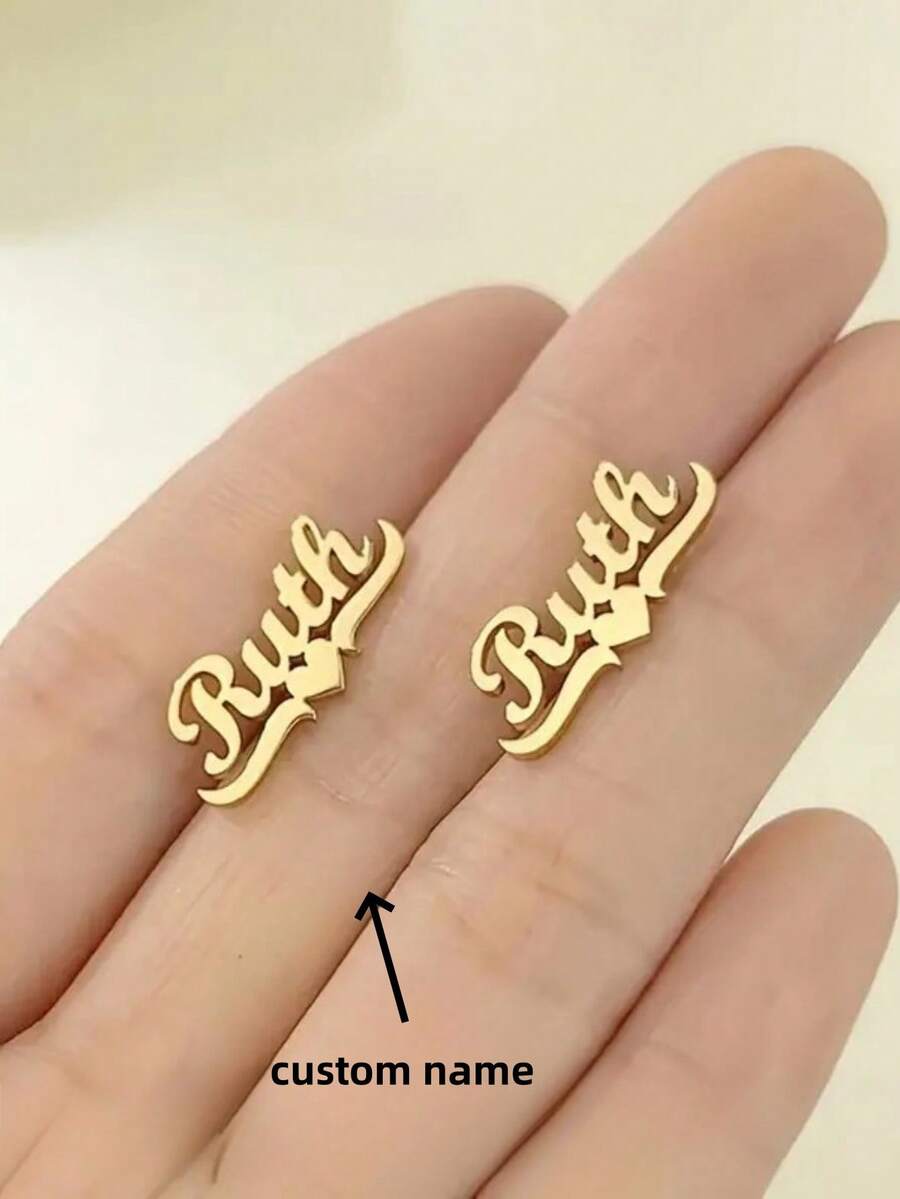 1pc Multi-Color Elegant And Lovely Style, Customized A Pair Of Personalized Name Earrings, Stainless Steel Cute Love Bow Name Earrings, Women's Fashion Earrings, The Perfect Birthday Gift For Mom's Girlfriend Valentines