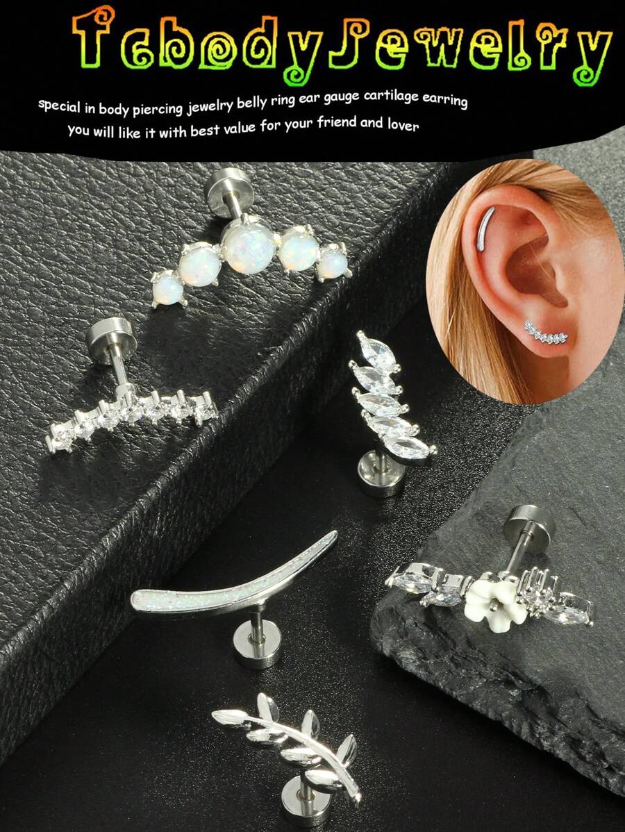 1-6pcs 16G Cartilage Earring Set Stainless Steel Flower Opal CZ Stud Earrings Flat Back Cartilage Conch Helix Piercing Jewelry For Women Valentines,Mom,Mother,Mother's Day,Gift