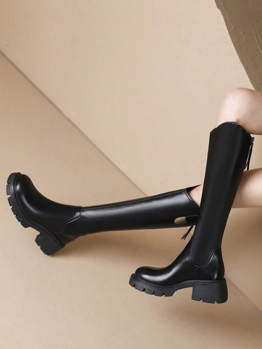 Women's Black Above-The-Knee Boots, Autumn/Winter, With Side Zipper, Soft Leather, Short Stature, Thick Sole, Slimming, Back Zipper, Riding Style Knee High Boots