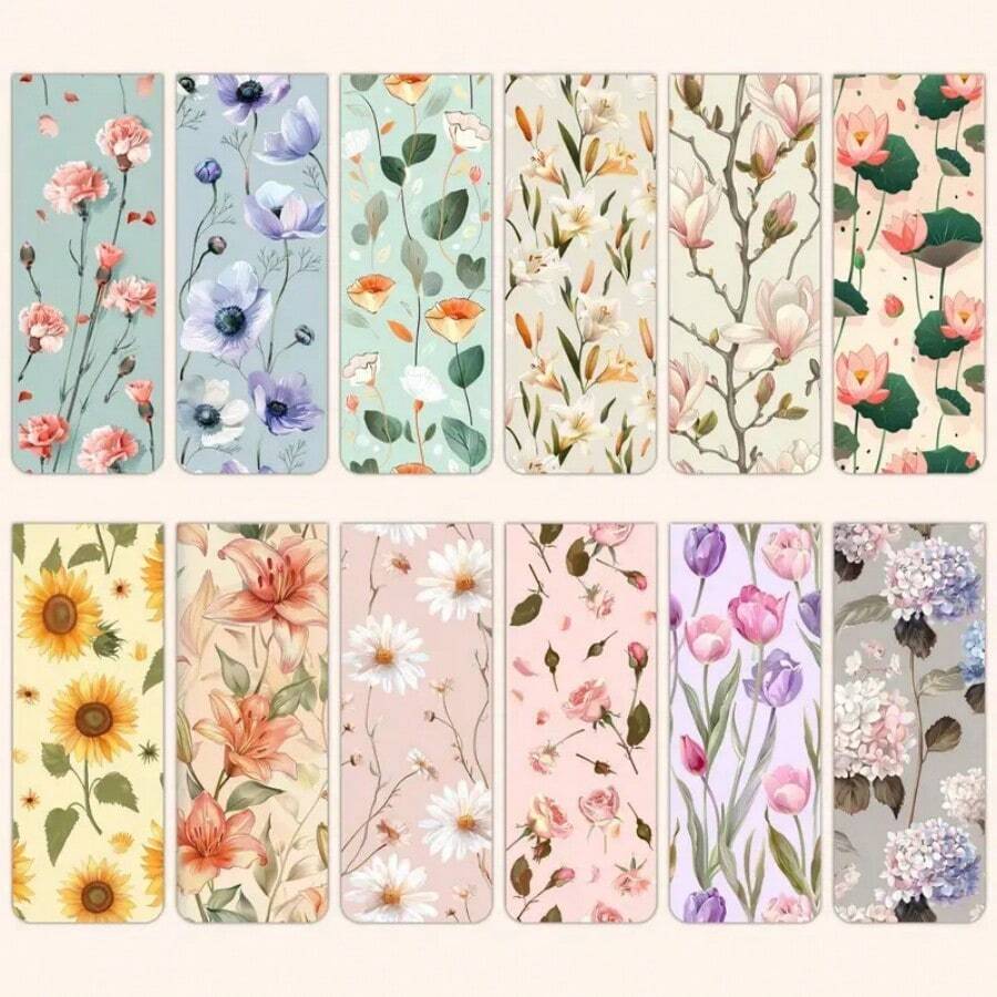 12pcs Floral Magnetic Bookmarks Set, Durable Paper Book Page Markers With Assorted Flower Designs For Reading And Books