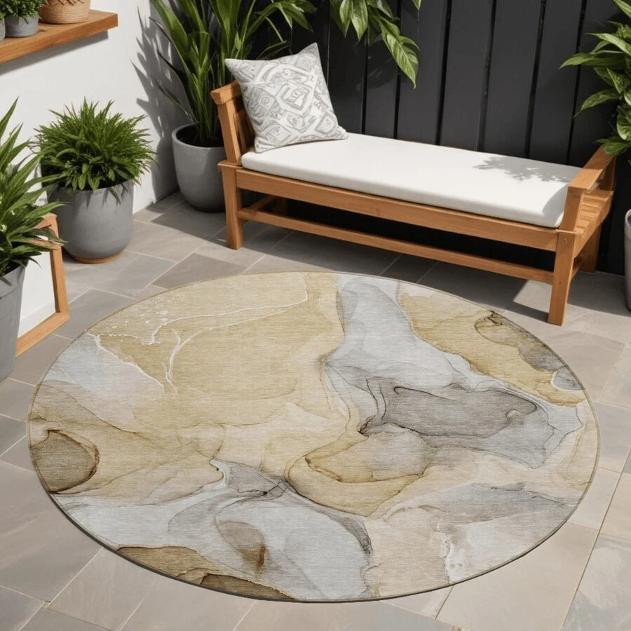 HomeRoots 8' Round Brown Round Abstract Washable Non Skid Indoor Outdoor Area Rug