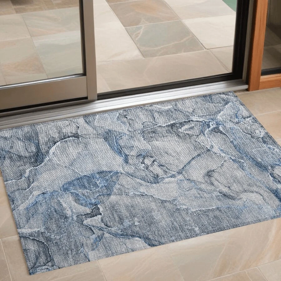 HomeRoots 2' X 3' Blue And Gray Abstract Washable Non Skid Indoor Outdoor Area Rug