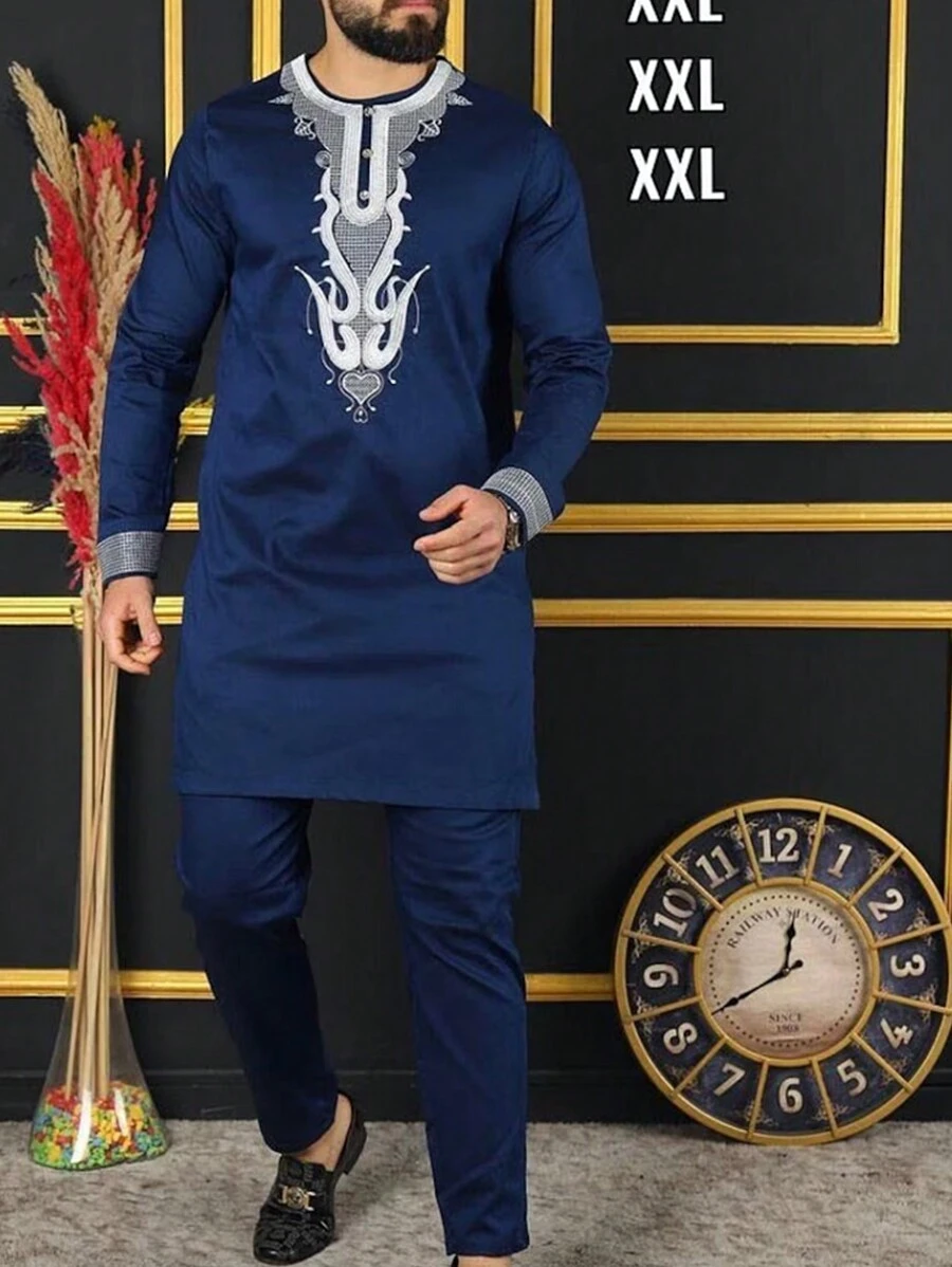 1 conjunto Conjunto Dashiki Azul Marinho Masculino, Gola e Punhos Bordados, Manga Longa, Calça de Cintura Elástica, Traje Africano, Camisa e Calça Casuais Masculinas 2 Peças, Novo Estilo para Todas as Estações, Casamento, Festa, Encontro, Uso Diário
