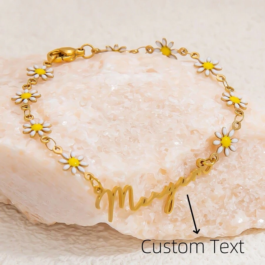 1 pièce Bracelet en acier inoxydable plaqué or 18 carats avec petite chaîne de marguerites personnalisée avec un nom, mode et polyvalent pour un usage quotidien pour femme
